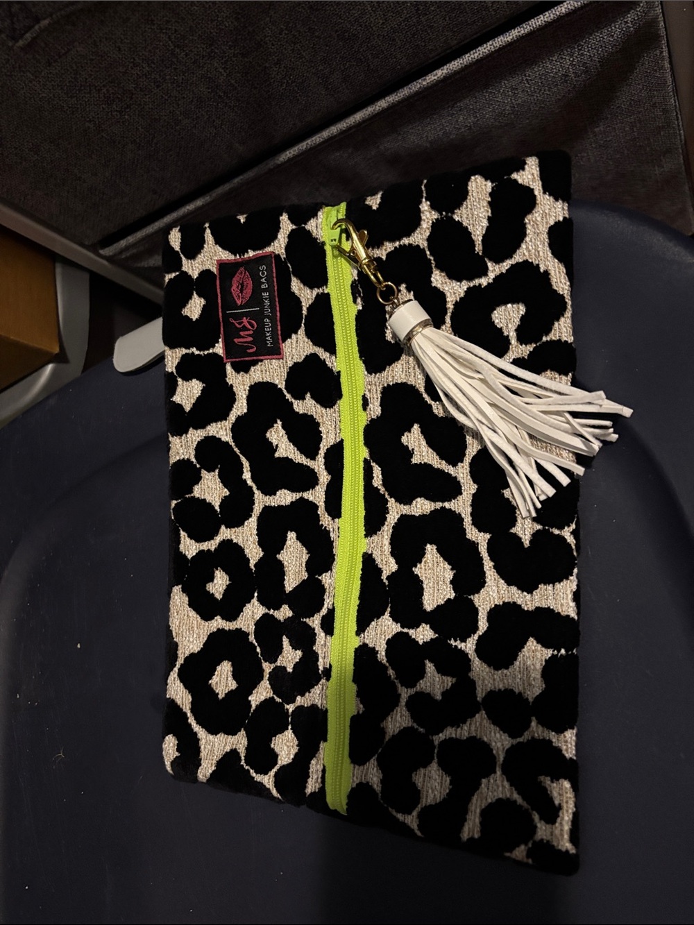 Makeup Junkie Bag Leopard Print Pouch with Lime Zipper and White Tassel